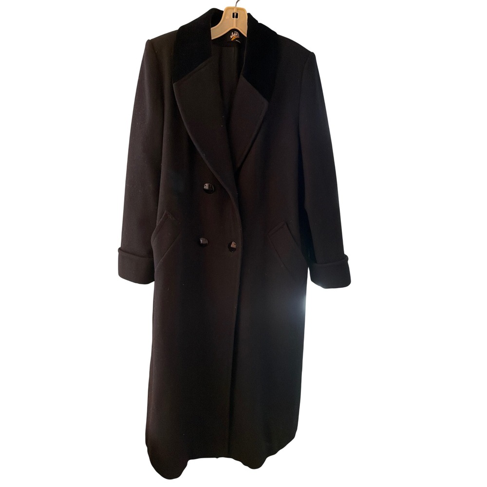 J&D Wool Coat Black Double Breasted Longline Velvet Collar Made in USA Vintage